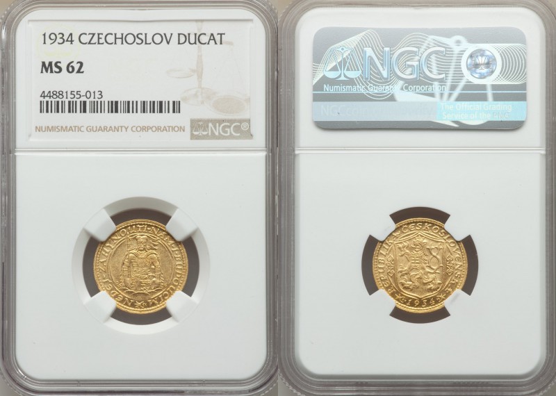Republic gold Ducat 1934 MS62 NGC, KM8. A very low mintage date for which only 9...