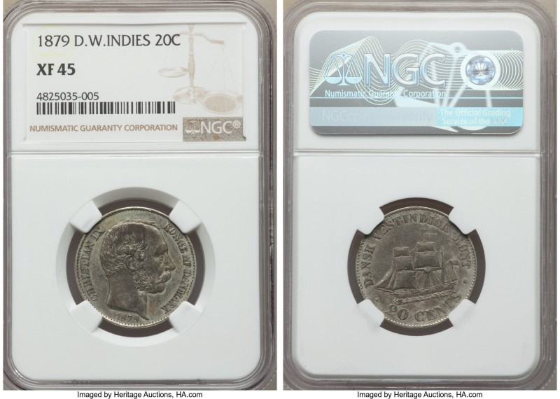 Danish Colony. Christian IX 20 Cents 1879-(h) XF45 NGC, Copenhagen mint, KM71. A...