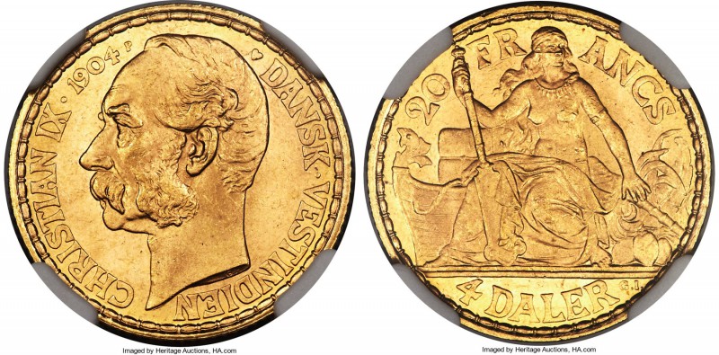 Danish Colony. Christian IX gold 4 Daler (20 Francs) 1904-(Heart) MS65 NGC, Cope...