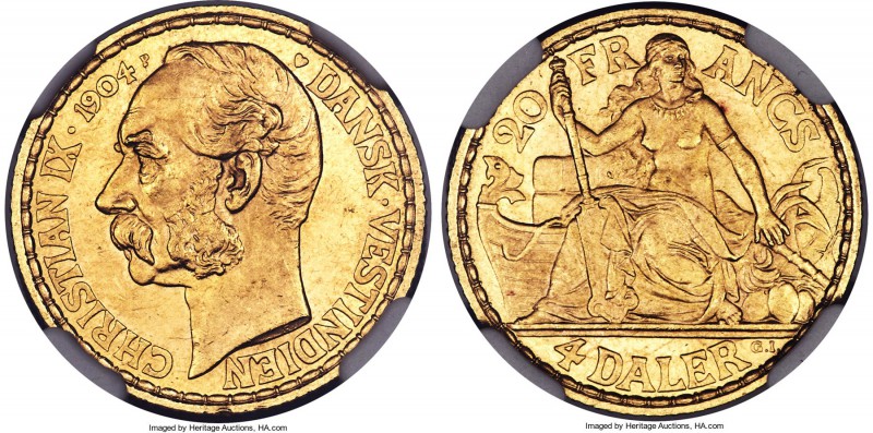 Danish Colony. Christian IX gold 4 Daler (20 Francs) 1904-(Heart) MS64 NGC, Cope...