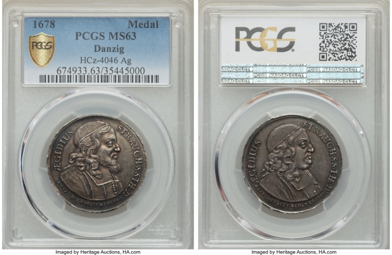 Danzig. Jan III Sobieski silver "Aegidius Strauch" Medal 1678 MS63 PCGS, 31mm, H...