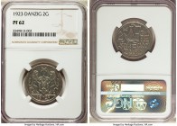 Free City Proof 2 Gulden 1923 PR62 NGC, KM146. An always coveted series in proof, the silvery aluminum surfaces showing not an ounce of tone and some ...
