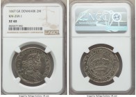 Frederik III 2 Mark 1667-GK XF40 NGC, KM259.1. A gorgeous type rarely seen in the marketplace, white-silver accents highlighting the features while an...