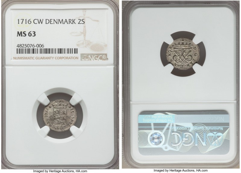 Frederik IV 2 Skilling 1716-CW MS63 NGC, Copenhagen mint, KM502. The only certif...