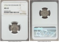 Frederik IV 2 Skilling 1716-CW MS63 NGC, Copenhagen mint, KM502. The only certified example of the type, boasting an incredibly unusual choice quality...