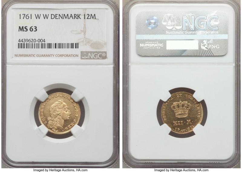 Frederik V gold 12 Mark (Ducat Courant) 1761-WW MS63 NGC, Copenhagen mint, KM587...