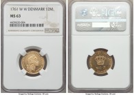 Frederik V gold 12 Mark (Ducat Courant) 1761-WW MS63 NGC, Copenhagen mint, KM587.4. A sublime Danish gold issue that rarely becomes available to colle...