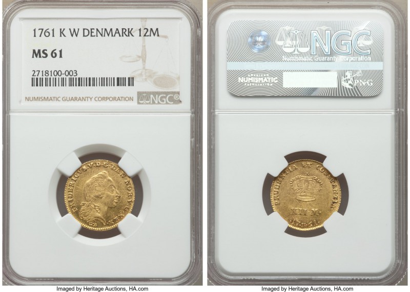 Frederik V gold 12 Mark (Ducat Courant) 1761 K-W MS61 NGC, Copenhagen mint, KM58...