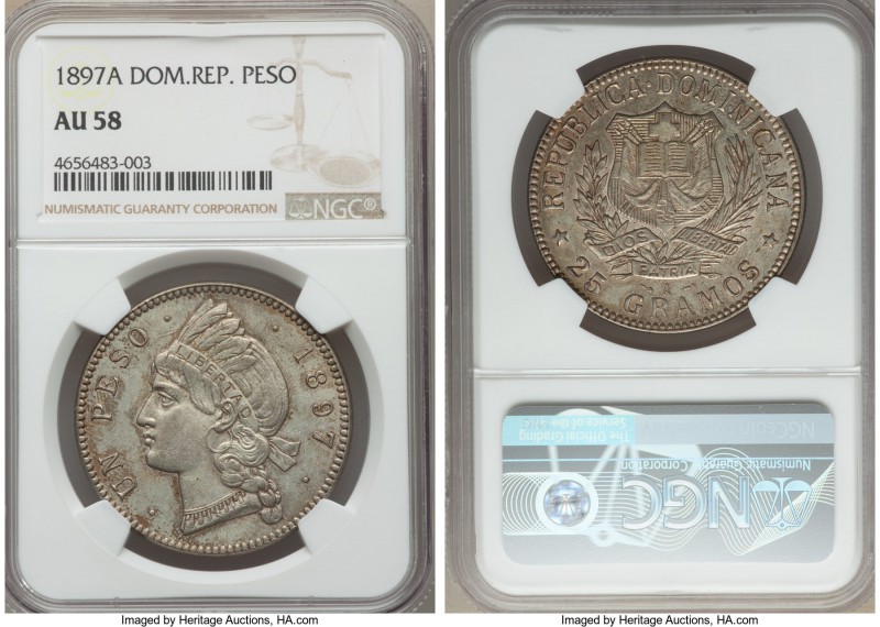 Republic Peso 1897-A AU58 NGC, Paris mint, KM16. A comparatively highly ranked e...