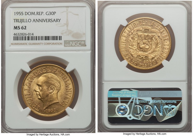 Republic gold "Trujillo Anniversary" 30 Pesos 1955 MS62 NGC, KM24. AGW 0.8571 oz...