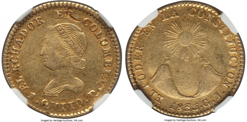 Republic gold 2 Escudos 1835-GJ XF45 NGC, Quito mint, KM16. A commendable circul...