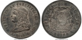 Republic 5 Francos 1858 QUITO-GJ AU58 PCGS, Quito mint, KM39, Seppa-EC73, El-2. Obv. Eagle over arms, dividing the denomination 5-F. Rev Head left wit...