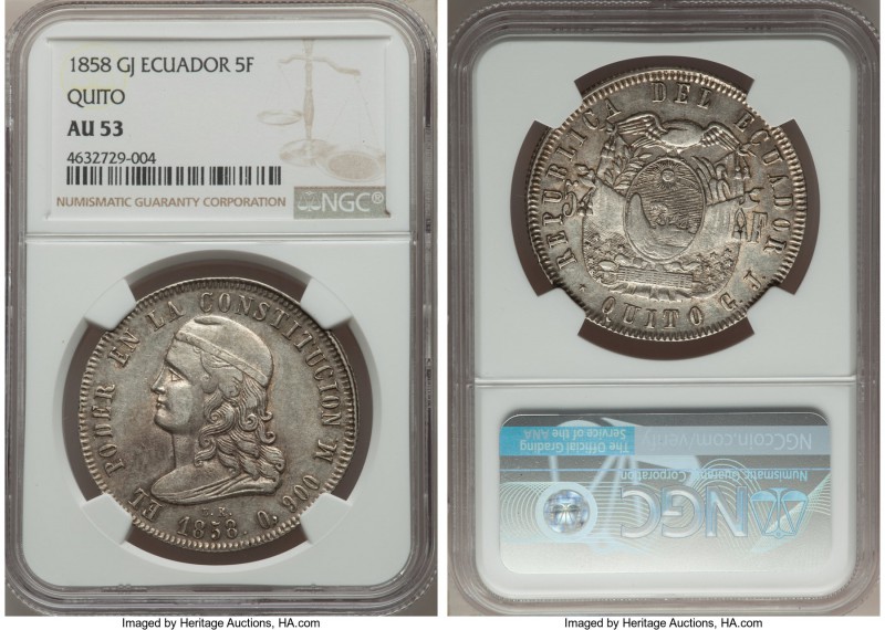 Republic 5 Francos 1858 QUITO-GJ AU53 NGC, Quito mint, KM39. Highly attractive f...
