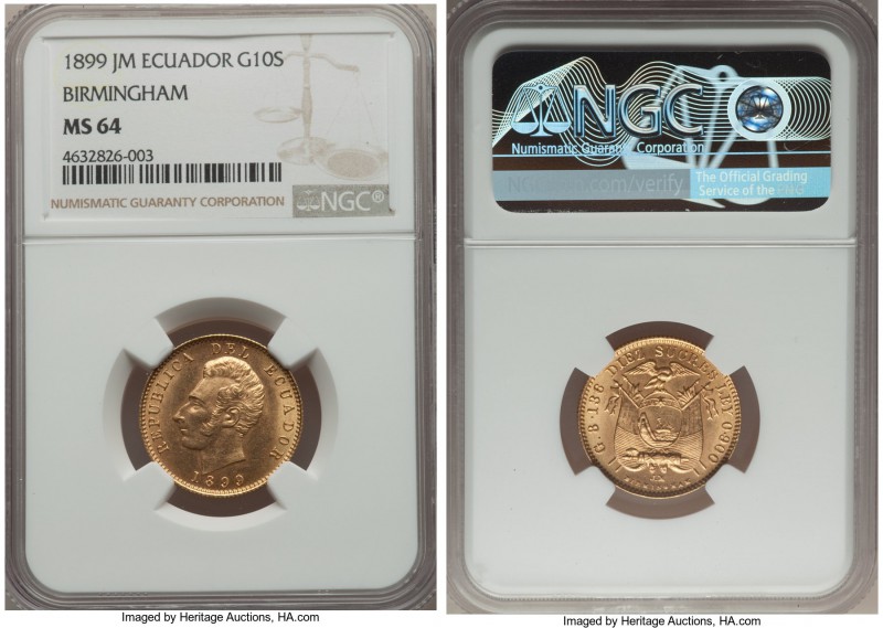 Republic gold 10 Sucres 1899-JM MS64 NGC, Birmingham mint, KM56. An enchanting g...