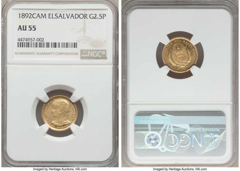 Republic gold 2-1/2 Pesos 1892-C.A.M. AU55 NGC, San Salvador mint, KM116. Mintag...