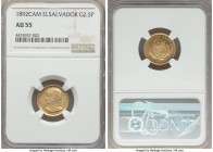 Republic gold 2-1/2 Pesos 1892-C.A.M. AU55 NGC, San Salvador mint, KM116. Mintage: 597. Razor-sharp quality exists in the legends and reverse arms, so...