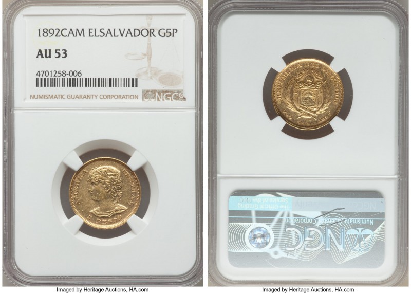 Republic gold 5 Pesos 1892-C.A.M. AU53 NGC, San Salvador mint, KM117. Mintage: 5...