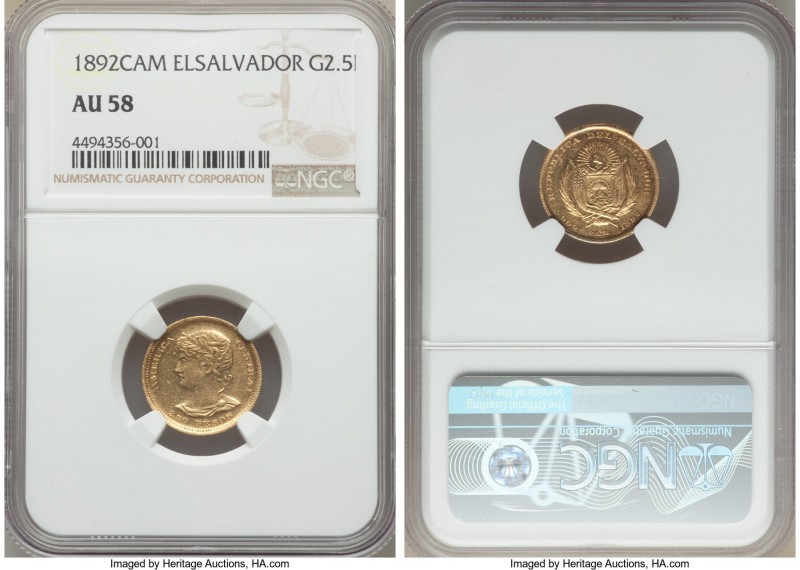 Republic gold 2-1/2 Pesos 1892-C.A.M. AU58 NGC, San Salvador mint, KM116. Mintag...