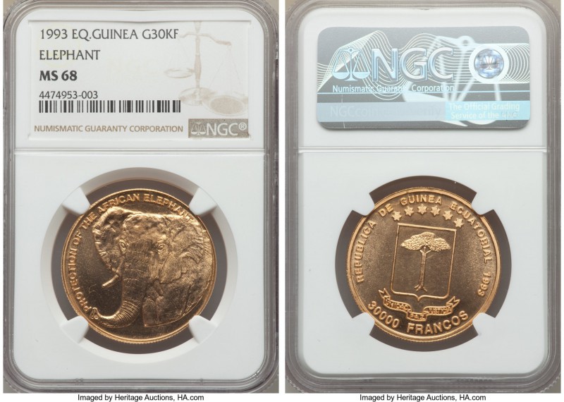 Republic gold "Elephant Protection" 30000 Francos 1993 MS68 NGC, KM107. Mintage:...