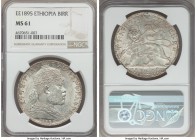 Menelik II Birr EE 1895 (1902/3) MS61 NGC, Paris mint, KM19. Crisp and icy, every jewel of the monarch's crown beautifully and fully rendered, a few t...