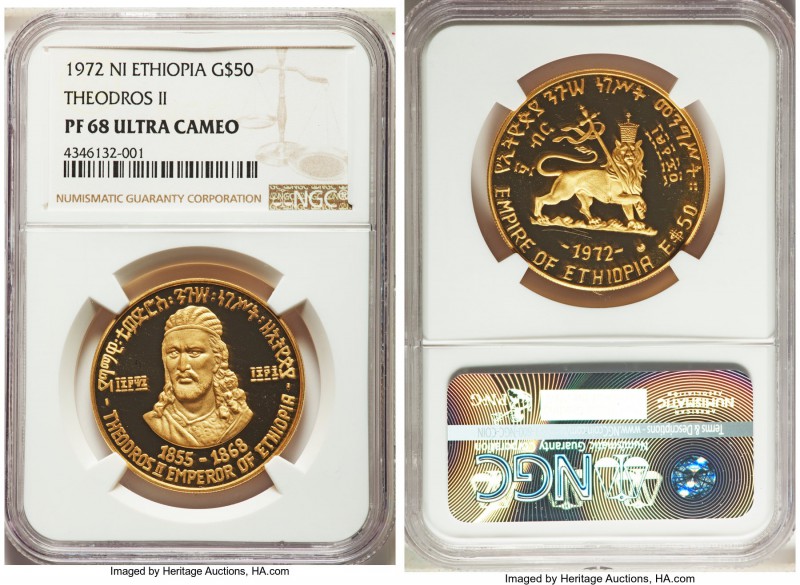Haile Selassie I gold Proof "Theodoros II" 50 Dollars 1972-NI PR68 Ultra Cameo N...