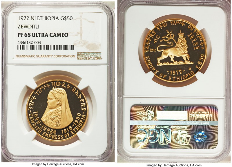 Haile Selassie I gold Proof "Empress Zewditu" 50 Dollars 1972-NI PR68 Ultra Came...