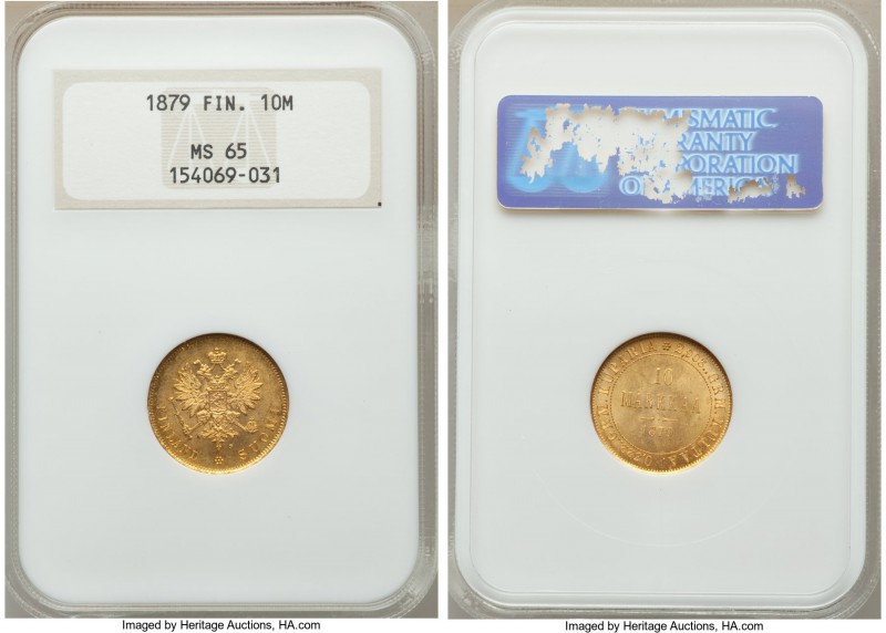 Russian Duchy. Alexander III gold 10 Markkaa 1879-S MS65 NGC, Helsinki mint, KM8...