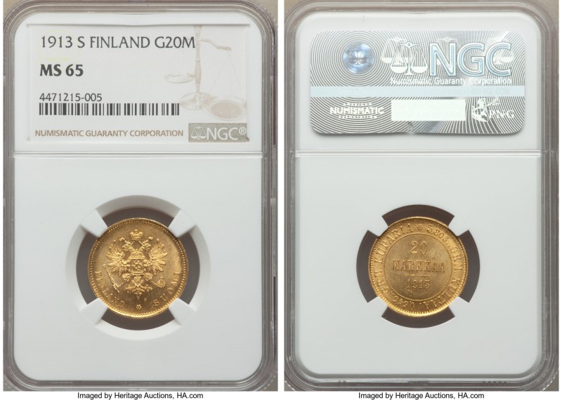 Russian Duchy. Nicholas II gold 20 Markkaa 1913-S MS65 NGC, Helsinki mint, KM9.2...
