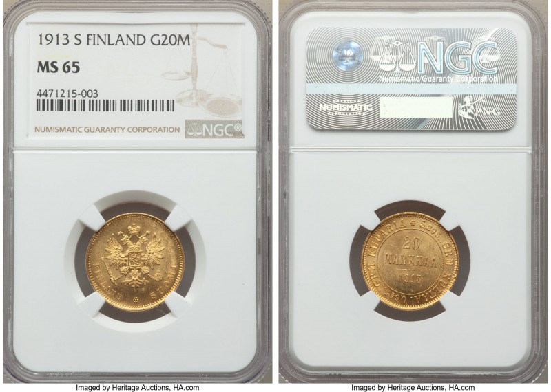 Russian Duchy. Nicholas II gold 20 Markkaa 1913-S MS65 NGC, Helsinki mint, KM9.2...