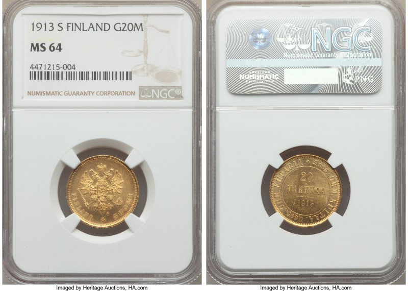 Russian Duchy. Nicholas II gold 20 Markkaa 1913-S MS64 NGC, Helsinki mint, KM9.2...