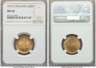Russian Duchy. Nicholas II gold 20 Markkaa 1913-S MS64 NGC, Helsinki mint, KM9.2. The final year for this highly collectable issue, evincing notably l...