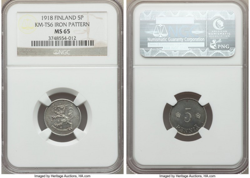 Republic iron Trial Strike 5 Pennia 1918 MS65 NGC, KM-TS6. An extremely rare and...