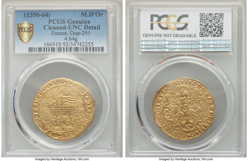 Jean II le Bon (1350-1364) gold Mouton d'Or ND UNC Detail (Cleaned) PCGS, 4.64gm...