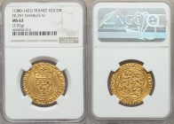 Charles VI (1380-1422) gold Ecu d'Or a la couronne ND MS63 NGC, Saint Quentin mint (star in center of cross), 3.92gm, Fr-291, Dup-369. +KAROLVS: DЄI: ...