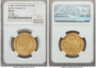 Charles VI (1380-1422) gold Écu d'or à la couronne ND MS62 NGC, Paris mint, 3.94gm, Fr-291, Dup-369. + KAROLVS : DЄI : GRACIA : FRAnCORVM : RЄX, crown...