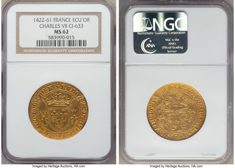 Charles VII (1422-1461) gold Ecu d'Or a la couronne ND MS62 NGC, Montepellier mi...