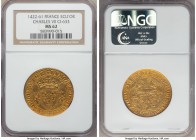 Charles VII (1422-1461) gold Ecu d'Or a la couronne ND MS62 NGC, Montepellier mint (pellet beneath 4th letter), Ciani-633, Dup-511. +KAROLVS: DЄI: GRA...