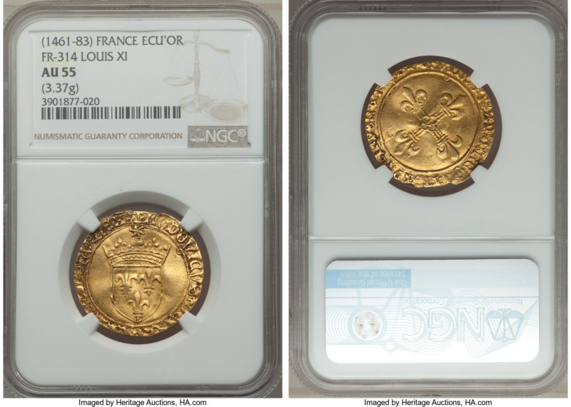 Louis XI (1461-1483) gold Ecu d'Or au Soleil ND AU55 NGC, Toulouse mint (pellet ...