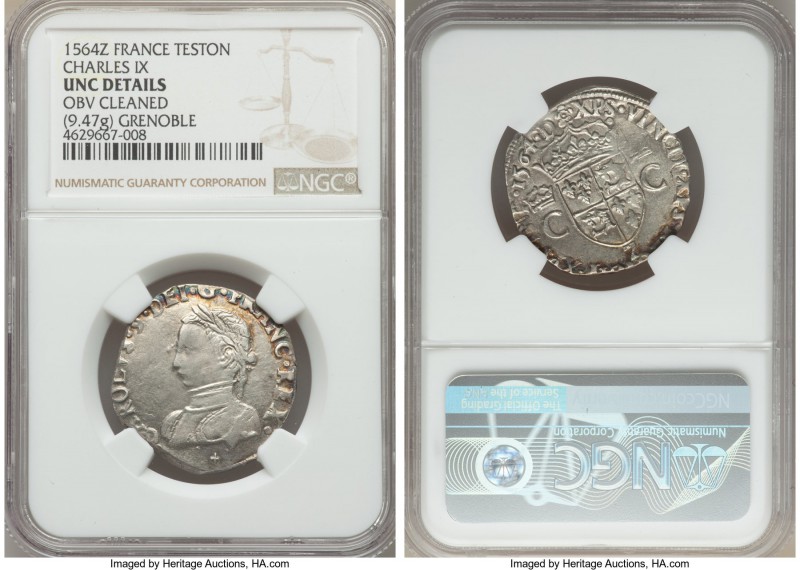 Dauphine. Charles IX Teston 1564-Z UNC Details (Obverse Cleaned) NGC, Grenoble m...