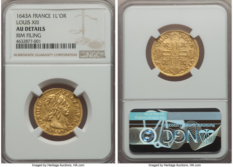 Louis XIII gold Louis d'Or 1643-A AU Details (Rim Filing) NGC, Paris mint, KM136...