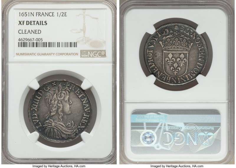 Louis XIV 1/2 Ecu 1651-N XF Details (Cleaned) NGC, Montpellier mint, KM164.14. S...