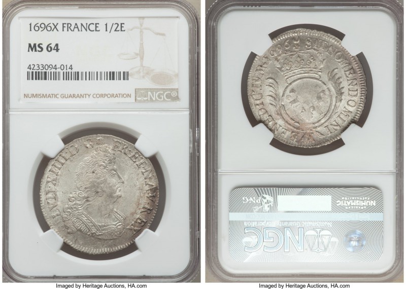 Louis XIV 1/2 Ecu 1696-X MS64 NGC, Amiens mint, KM295.22. Overstruck on an earli...