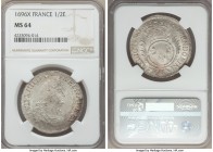 Louis XIV 1/2 Ecu 1696-X MS64 NGC, Amiens mint, KM295.22. Overstruck on an earlier 1691 type. Lightly toned with a bright silvery finish, the king's p...