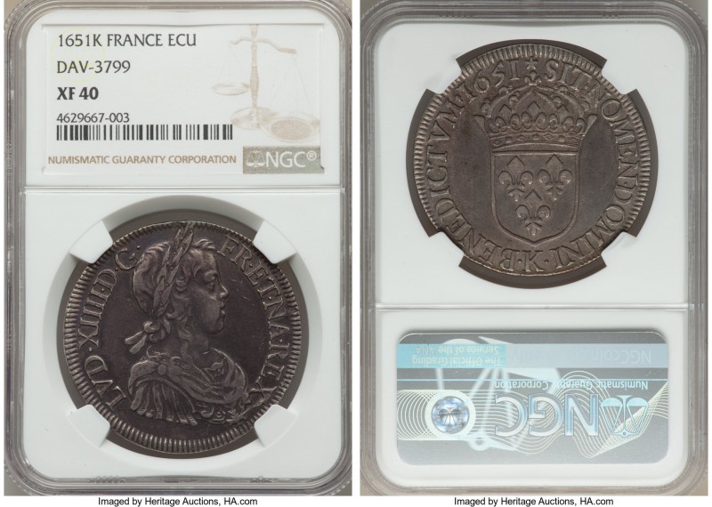 Louis XIV Ecu 1651-K XF40 NGC, Bordeaux mint, KM155.9, Dav-3799. A charming spec...