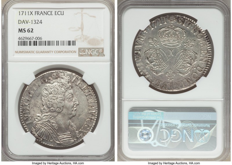Louis XIV Ecu 1711-X MS62 NGC, Amiens mint, KM386.20. A superior example exhibit...