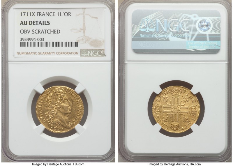 Louis XIV gold Louis d'Or 1711-X AU Details (Obverse Scratched) NGC, Amiens mint...
