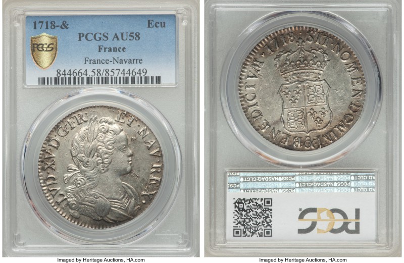 Louis XV Ecu 1718-& AU58 PCGS, Aix mint, KM435.27. In all respects a near Mint S...