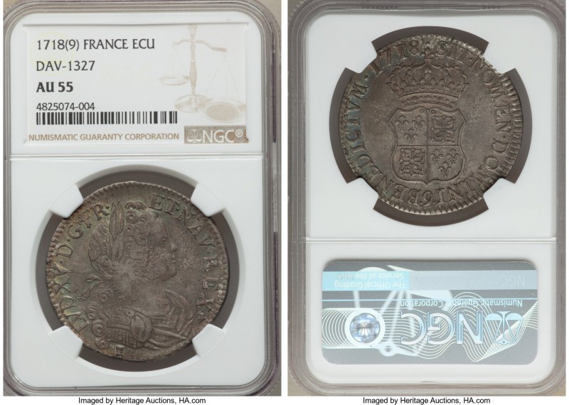 Louis XV Ecu 1718-(9) AU55 NGC, Rennes mint, KM435.26, Dav-1327. A bit soft in t...