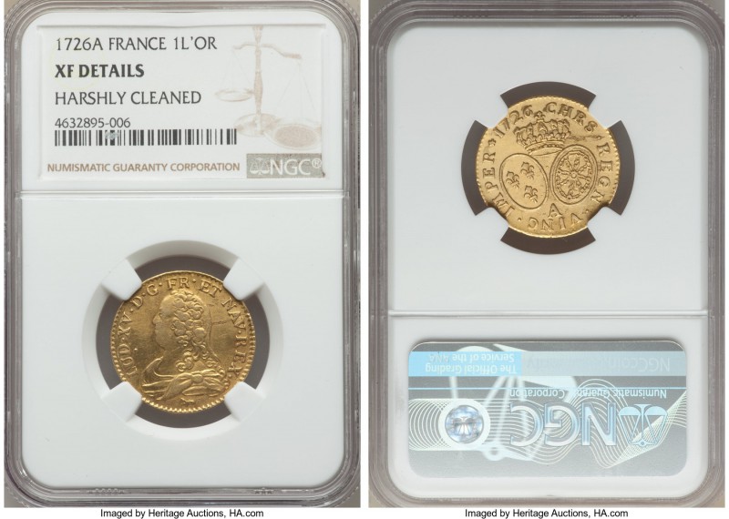 Louis XV gold Louis d'Or 1726-A XF Details (Harshly Cleaned) NGC, Paris mint, KM...