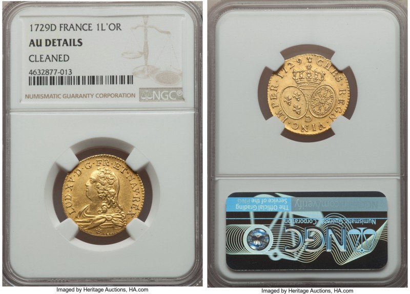 Louis XV gold Louis d'Or 1729-D AU Details (Cleaned) NGC, Lyon mint, KM489.6. Sa...